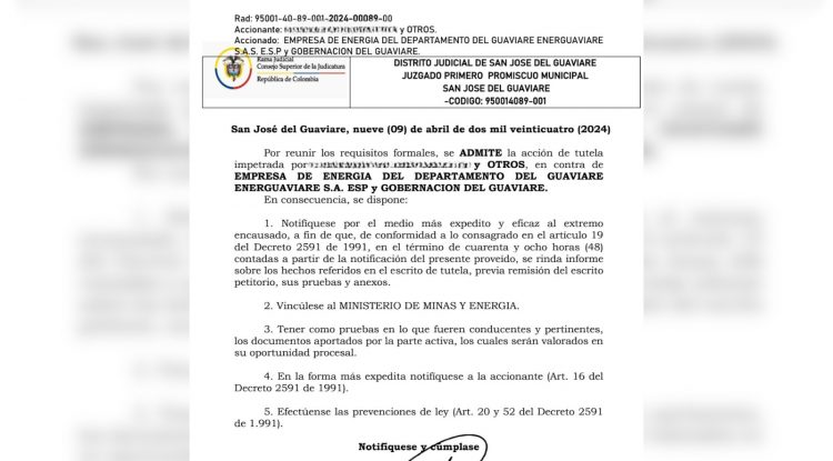 Juez admitió tutela de la Personería de Calamar contra Energuaviare